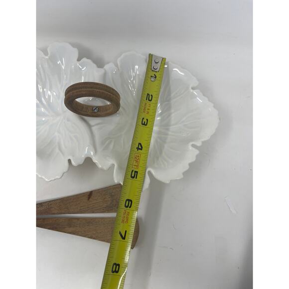 U.S.A Pottery MCM Leaf Shape Relish Serving Dish Wood Handle & Spoons Vintage - Picture 9 of 10